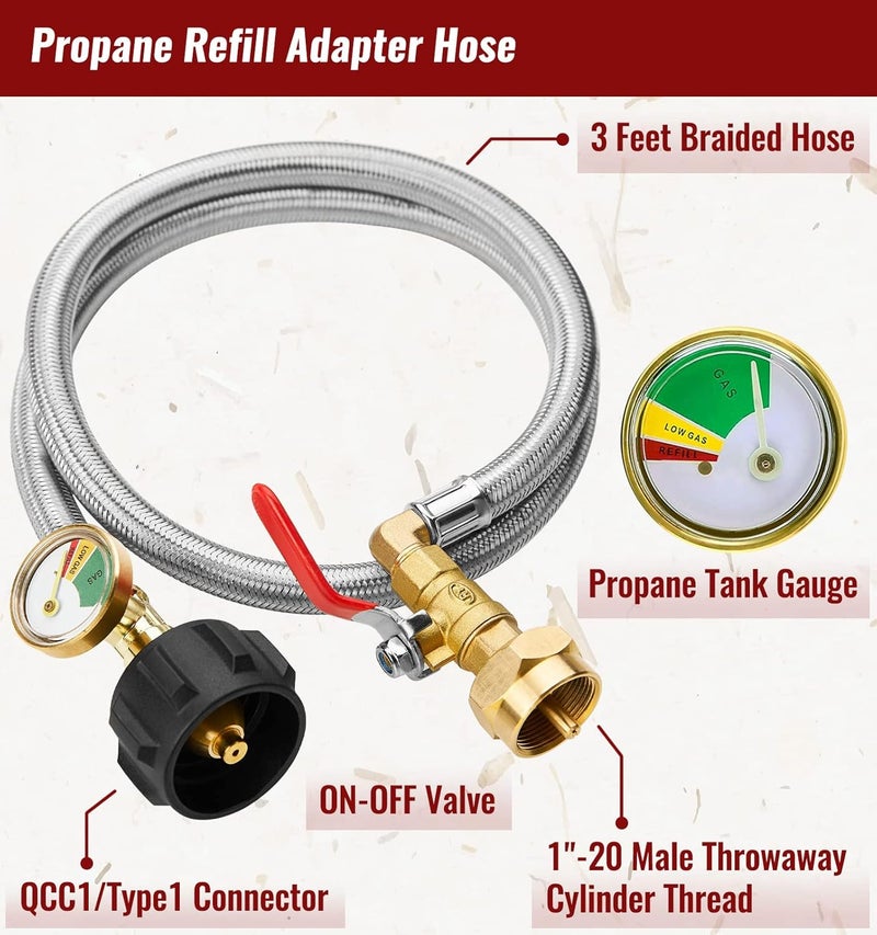 CALPOSE 3 Feet Propane Refill Adapter Hose with Gauge and ON/Off Control Valve, Stainless Steel Extension Propane Refill Hose, Fill 1 Pound Bottles from 20lb Tank - Image 4